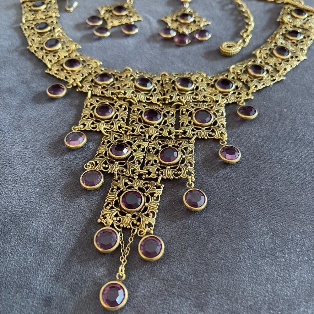 GOLDETTE Vintage Runway Art Deco Austrian Amethyst Crystals Necklace/Earring Set - Picture 3 of 4
